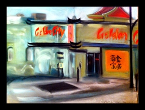 Golden City Restaurant at Dusk, with Reflections by Jenny Hainsworth all rights reserved 